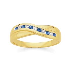 9ct+Gold+Ceylon+Sapphire+%26amp%3B+Diamond+Crossover+Ring