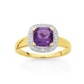 9ct+Gold+Amethyst+%26amp%3B+Diamond+Framed+Ring