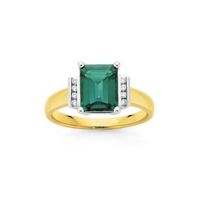 9ct+Gold+Two+Tone+Created+Emerald+%26amp%3B+Diamond+Ring