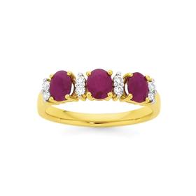 9ct+Gold+Ruby+%26amp%3B+Diamond+Oval+Trilogy+Ring