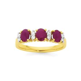 9ct-Gold-Ruby-Diamond-Oval-Trilogy-Ring on sale
