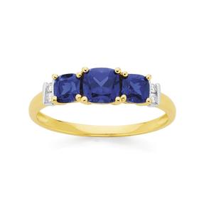 9ct-Gold-Created-Sapphire-Diamond-Trilogy-Ring on sale