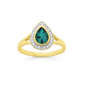 9ct+Gold+Created+Emerald+%26amp%3B+Diamond+Pear+Shape+Ring