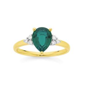 9ct+Gold+Created+Emerald+%26amp%3B+Diamond+Pear+Cut+Ring