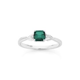 9ct+White+Gold+Created+Emerald+%26amp%3B+Diamond+Ring