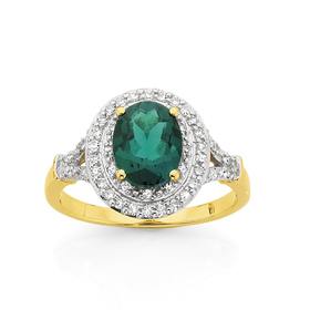 9ct+Gold+Created+Emerald+%26amp%3B+Diamond+Ring