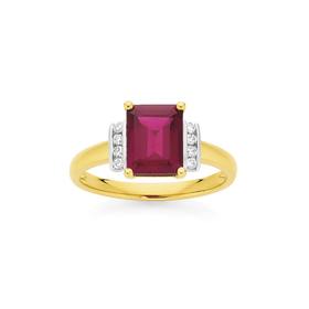 9ct+Gold+Created+Ruby+%26amp%3B+Diamond+Emerald+Cut+Ring