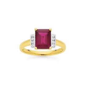 9ct-Gold-Created-Ruby-Diamond-Emerald-Cut-Ring on sale