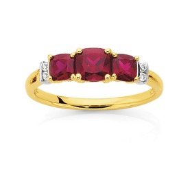 9ct-Gold-Created-Ruby-Diamond-Trilogy-Ring on sale