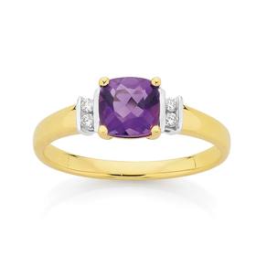 9ct+Gold+Amethyst+%26+Diamond+Ring