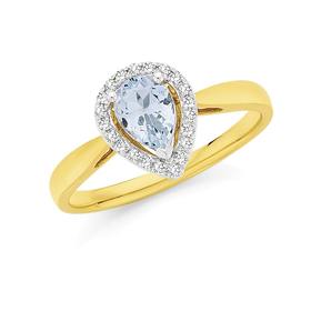 9ct+Gold+Aquamarine+%26+Diamond+Pear+Frame+Ring