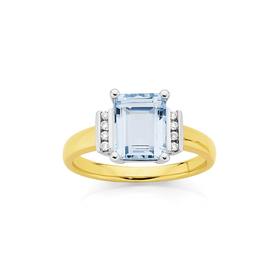 9ct+Two+Tone+Aquamarine+%26amp%3B+Diamond+Ring