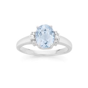 9ct+White+Gold+Aquamarine+%26amp%3B+Diamond+Dress+Ring