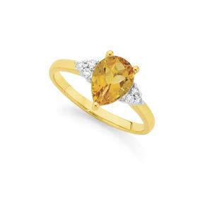 9ct+Gold+Citrine+%26amp%3B+Diamond+Pear+Cut+Dress+Ring