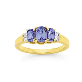 9ct+Gold+Tanzanite+%26+Diamond+Trilogy+Dress+Ring