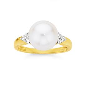 9ct+Gold+Cultured+Freshwater+Pearl+%26amp%3B+.15ct+Diamond+Ring