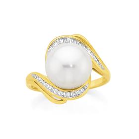 9ct+Gold+Cultured+Fresh+Water+Pearl+%26+Diamond+Curve+Ring