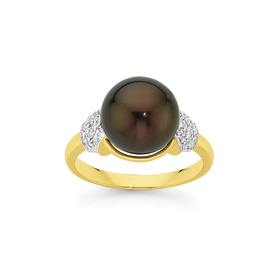 9ct-Gold-Cultured-Tahitian-Pearl-Diamond-Ring on sale