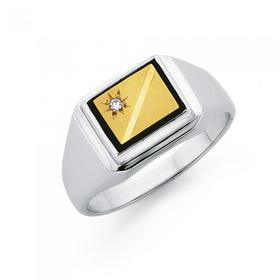 9ct+Gold+%26amp%3B+Sterling+Silver+Diamond+%26amp%3B+Onyx+Gents+Ring