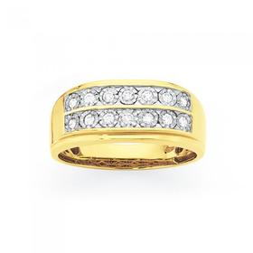 9ct+Gold+Diamond+Double+Row+Gents+Ring