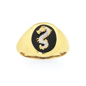 9ct-Gold-Diamond-Onyx-Dragon-Singnet-Ring on sale