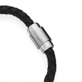 Stainless+Steel+Black+Leather+Barrel+Plait+Men%26%23039%3Bs+Bracelet