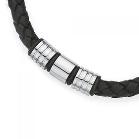Steel+22cm+Leather+Lined+Bead+Bracelet