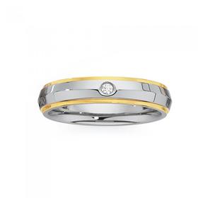 Stainless-Steel-Cubic-Zirconia-On-Centre-With-Gold-Plate-Ridge-Ring on sale