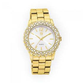 G-Ladies-Gold-Tone-Round-Stone-Set-Bezel-Watch on sale