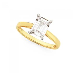 9ct+Gold+Cubic+Zirconia+Emerald+Cut+Solitaire+Ring