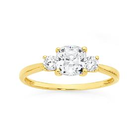 9ct+Gold+CZ+Cushion+Cut+Trilogy+Ring