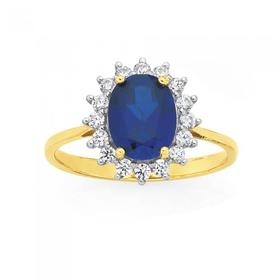 9ct+Gold+Created+Sapphire+%26amp%3B+CZ+Oval+Ring