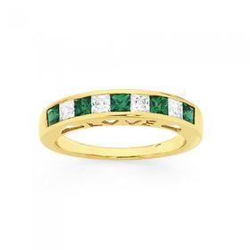 9ct+Gold+Created+Emerald+%26amp%3B+CZ+Love+Ring