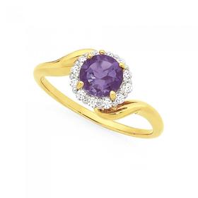 9ct-Gold-Amethyst-Cubic-Zirconia-Frame-Swirl-Ring on sale