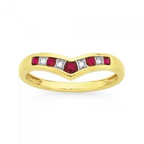 9ct-Gold-Created-Ruby-Diamond-V-Shape-Ring on sale