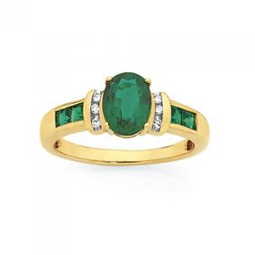 9ct+Gold+Created+Emerald+%26amp%3B+Diamond+Ring