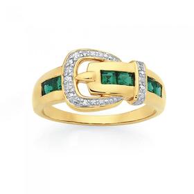 9ct-Gold-Created-Emerald-Diamond-Buckle-Ring on sale