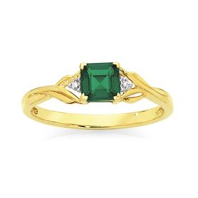 9ct+Gold+Created+Emerald+%26amp%3B+Diamond+Twist+Ring