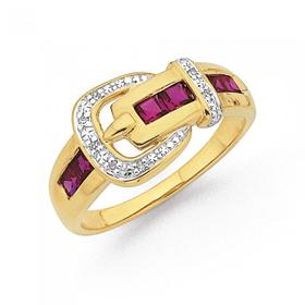 9ct-Synthetic-Ruby-Diamond-Buckle-Ring on sale