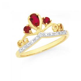 9ct-Gold-Created-Ruby-Diamond-Tiara-Ring on sale