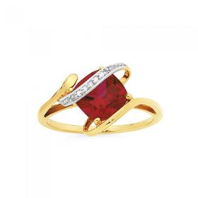 9ct+Gold+Created+Ruby+%26amp%3B+Diamond+Cushion+Cut+Ring