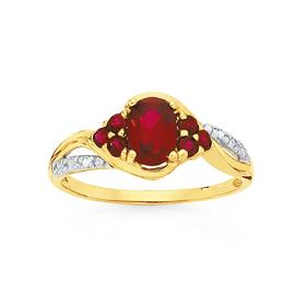 9ct-Gold-Created-Ruby-Diamond-Oval-Cluster-Ring on sale