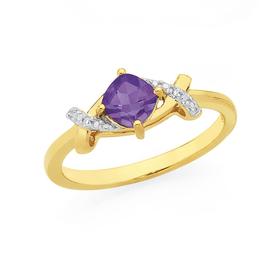 9ct-Gold-Amethyst-Diamond-Cushion-Kiss-Ring on sale