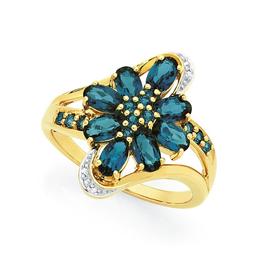 9ct+Gold+London+Blue+Topaz+Cluster+Ring