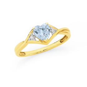 9ct+Gold+Aquamarine+%26amp%3B+Diamond+Heart+Ring