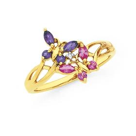 9ct+Gold+Amethyst+%26amp%3B+Pink+Sapphire+Butterfly+Dress+Ring