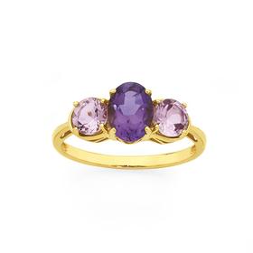 9ct-Gold-Amethyst-Pink-Amethyst-Trilogy-Ring on sale