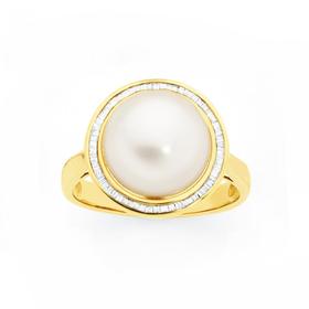 9ct+Gold+Pearl+%26+Diamond+Ring