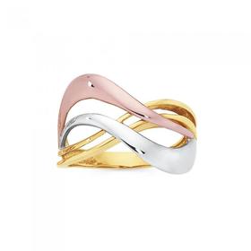 9ct+Gold+Three+Tone+Crossover+Wave+Ring