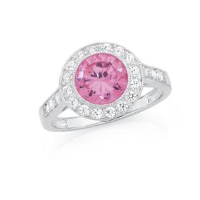 Silver+Pink+Cubic+Zirconia+Solitaire+Cluster+Ring